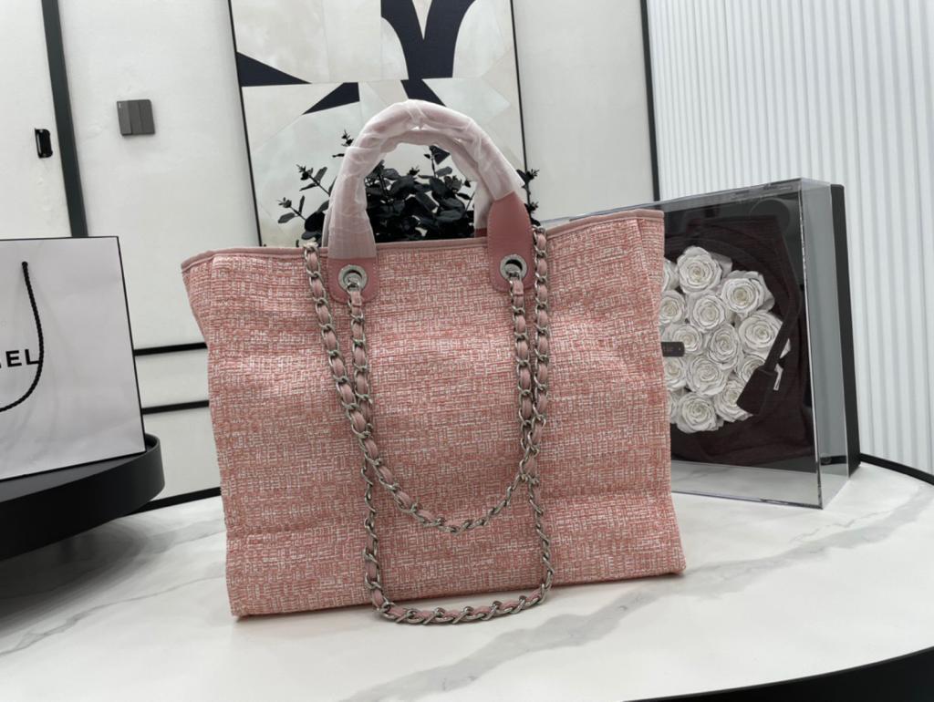 Ch**el Deauville Tote Bag 14.9in/ 38cm Pink Silver-Hardware For Women A66941