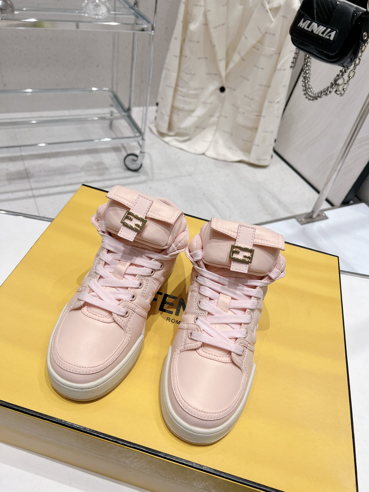 FD F**di Match Lace-Up High-Top Sneakers Pink For Women 8E8380ALIRF1JG9