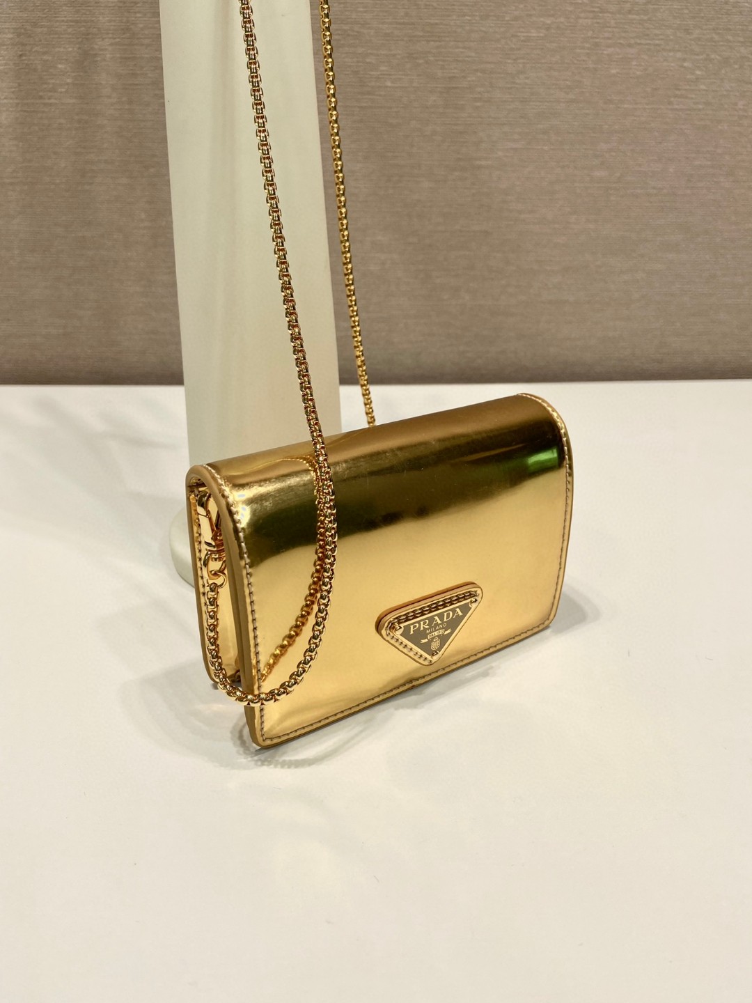 Pra*a Brushed Card Holder With Shoulder Strap Gold Tone/ Black For Women 4.5 in / 11.5 cm 1MR028_2CLE_F0522