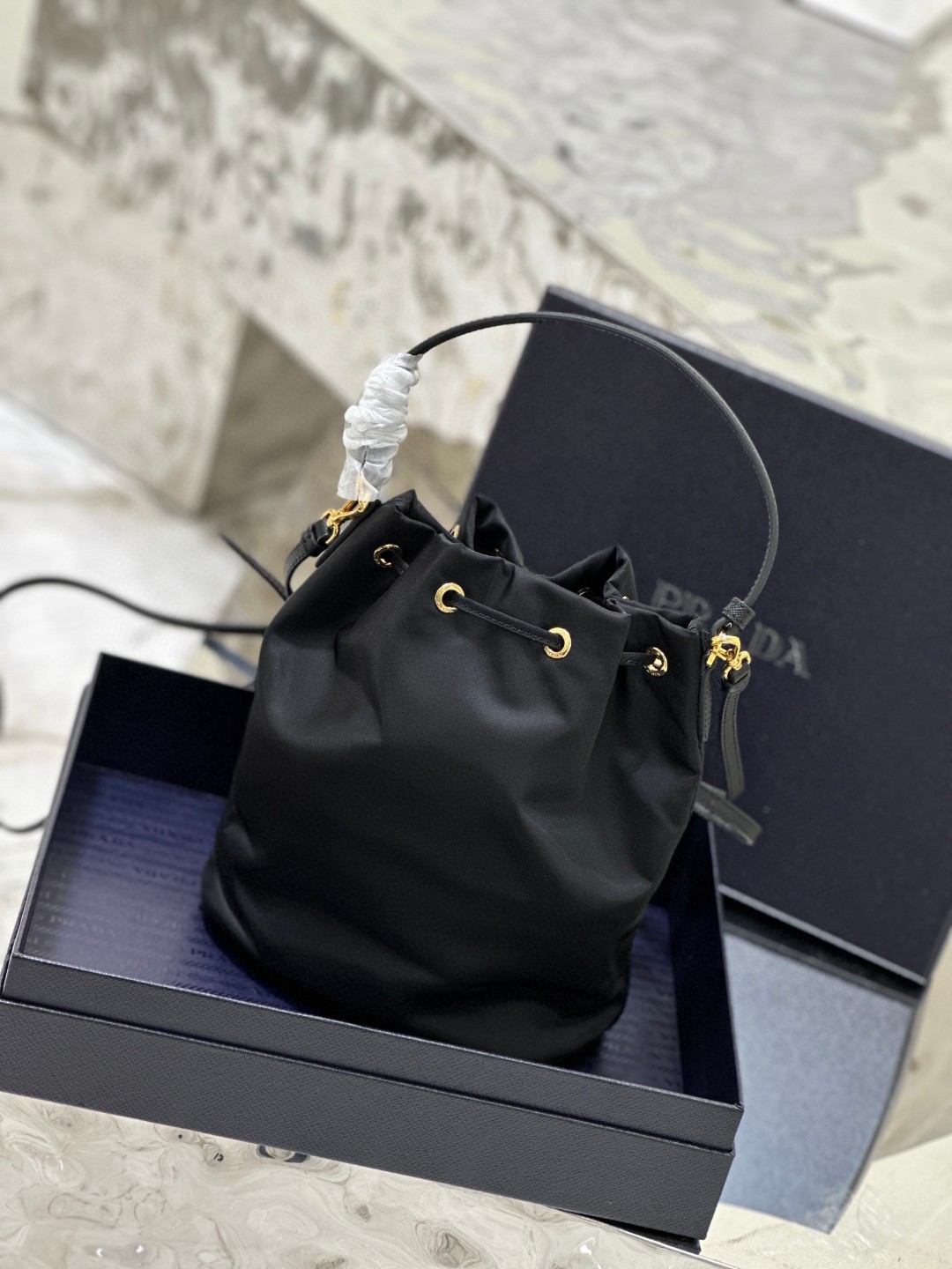 Pra*a Duet Bucket Shoulder Bag Black/Blue For Women 8.6 in / 22.5 cm 1BH038_RV44_F0002_V_UOO