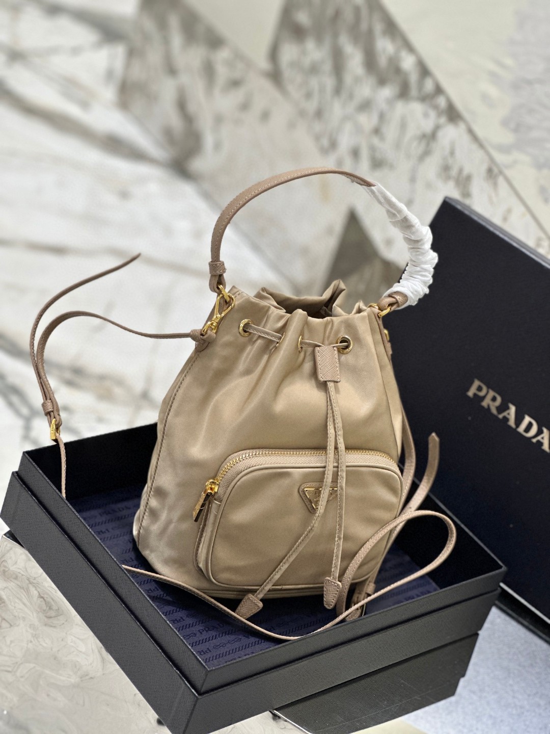 Pra*a Duet Bucket Shoulder Bag Light Pink/Beige For Women 8.6 in / 22.5 cm 1BH038_RV44_F0E18_V_OOO