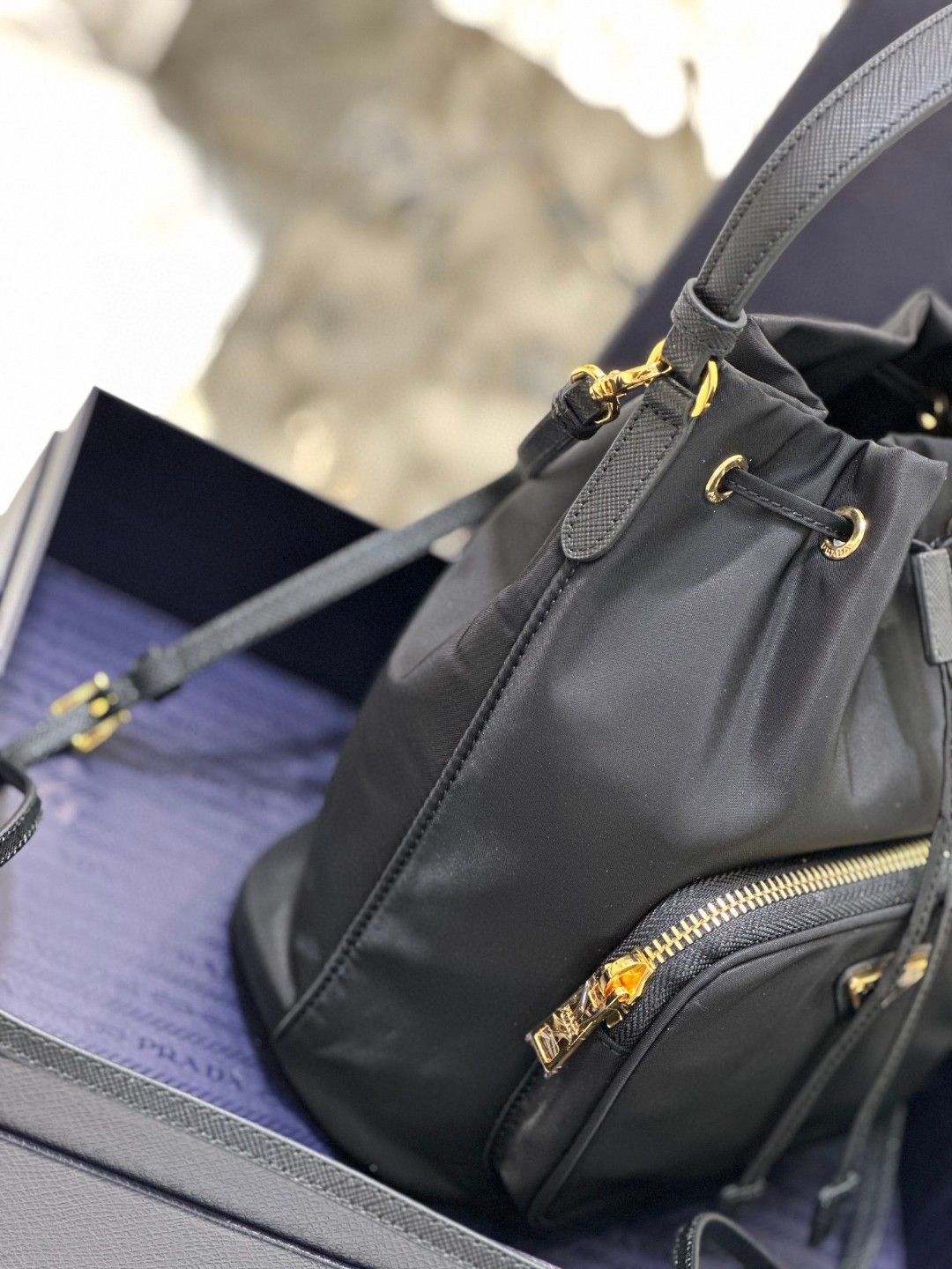 Pra*a Duet Bucket Shoulder Bag Black/Blue For Women 8.6 in / 22.5 cm 1BH038_RV44_F0002_V_UOO