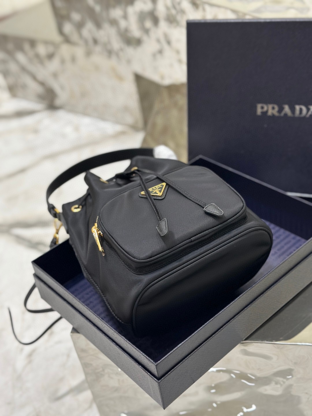 Pra*a Duet Bucket Shoulder Bag Black/Blue For Women 8.6 in / 22.5 cm 1BH038_RV44_F0002_V_UOO