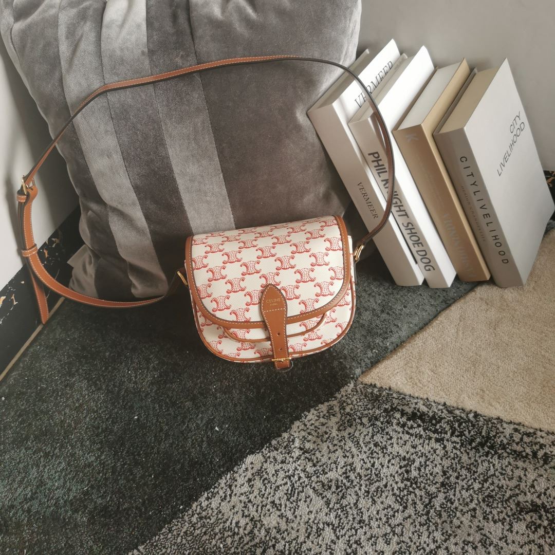 Ce1i*e Folco Bag In Triomphe Canvas With Ce1i*e Print Pink And White For Women‎ 7in/18.5cm