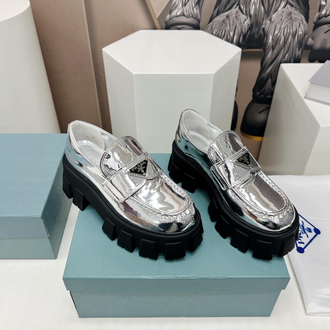 Pra*a Monolith Ombré Brushed Loafers Sliver Tone For Women 2.1 in/ 5.5cm