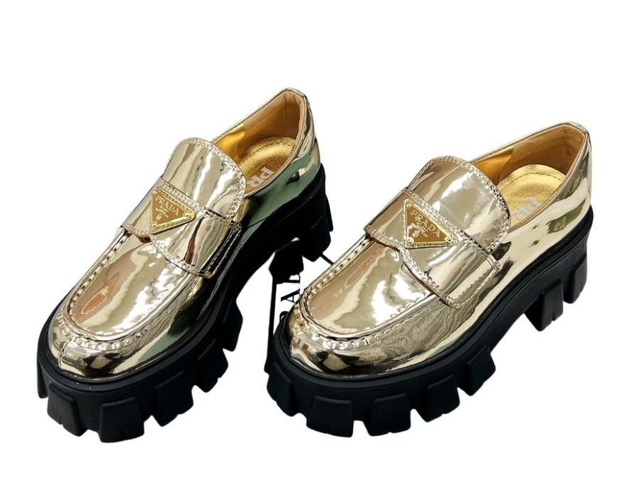 Pra*a Monolith Ombré Brushed Loafers Gold Tone For Women 2.1 in/ 5.5cm