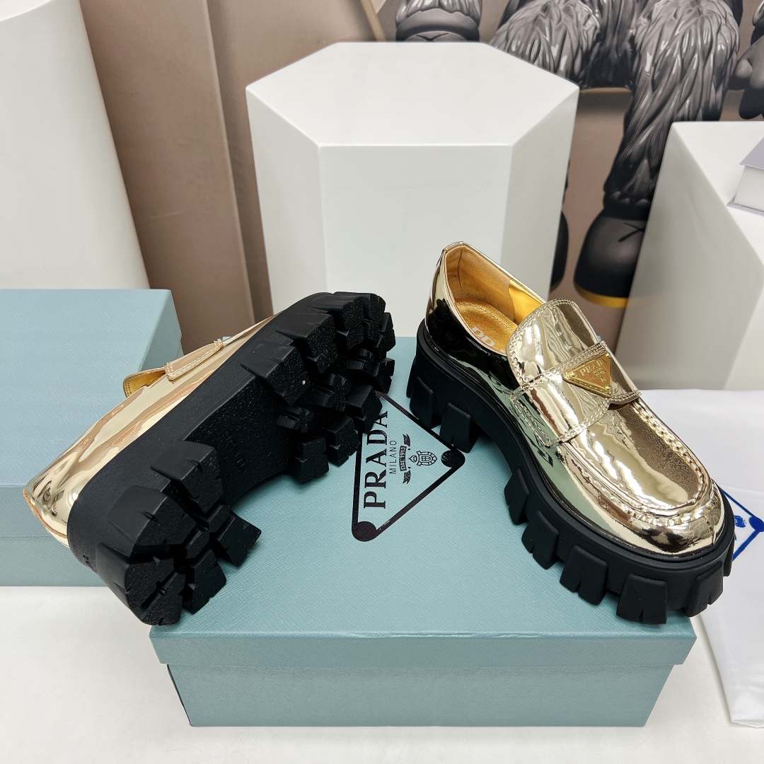 Pra*a Monolith Ombré Brushed Loafers Gold Tone For Women 2.1 in/ 5.5cm