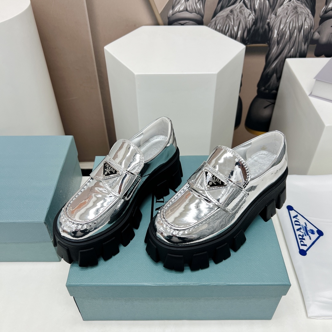 Pra*a Monolith Ombré Brushed Loafers Sliver Tone For Women 2.1 in/ 5.5cm
