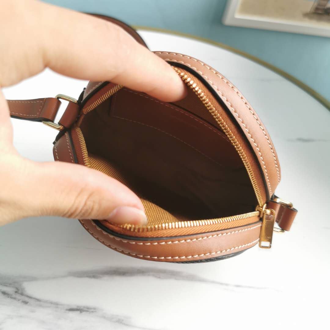 Ce1i*e Round Purse On Strap In Triomphe Canvas White/Brown For Women‎ 5in/13.5cm