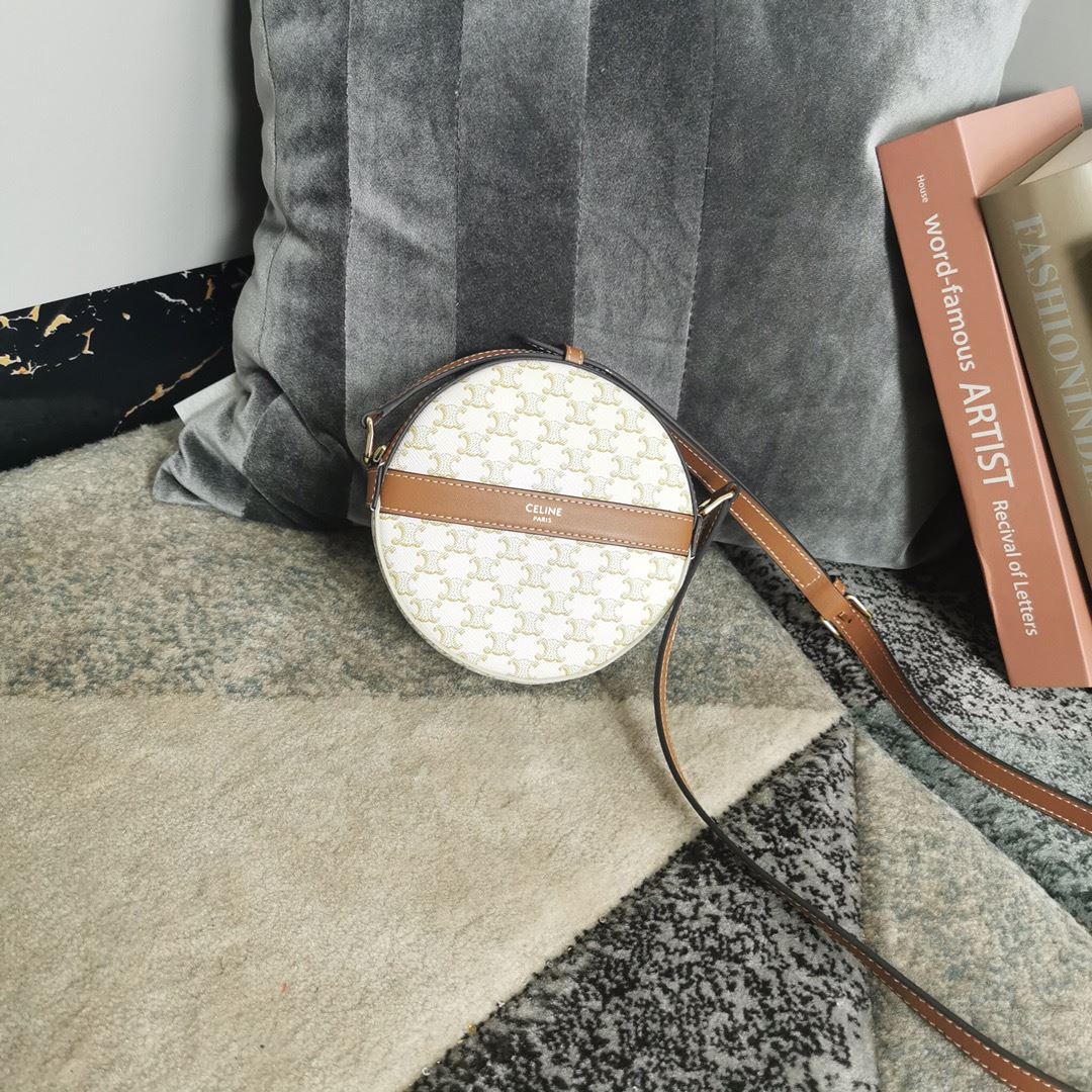 Ce1i*e Round Purse On Strap In Triomphe Canvas White/Brown For Women‎ 5in/13.5cm