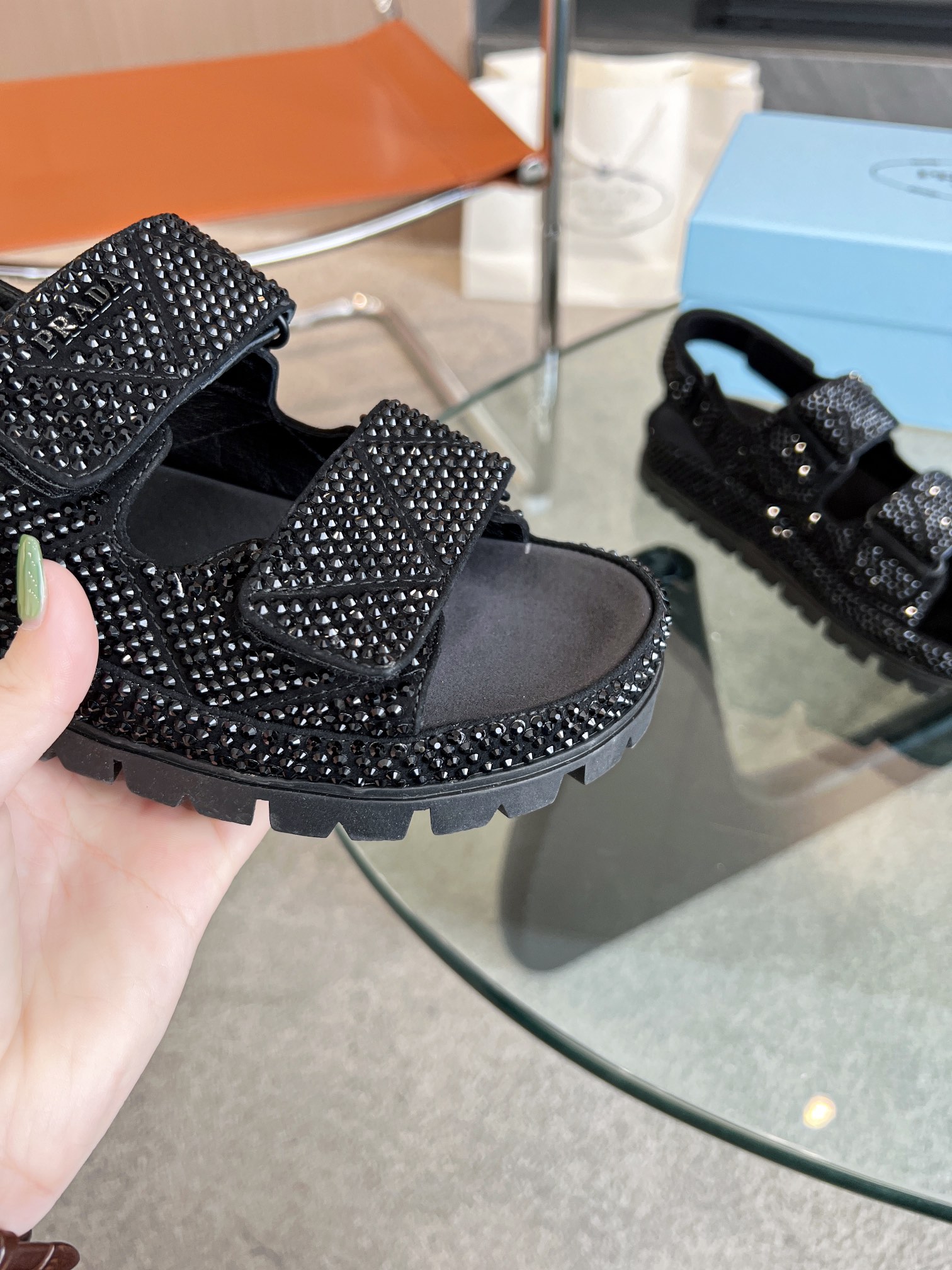 Pra*a Satin Sandals With Crystals Black For Women 0.8 in/ 2cm 1X013N_2AWL_F0002_F_020