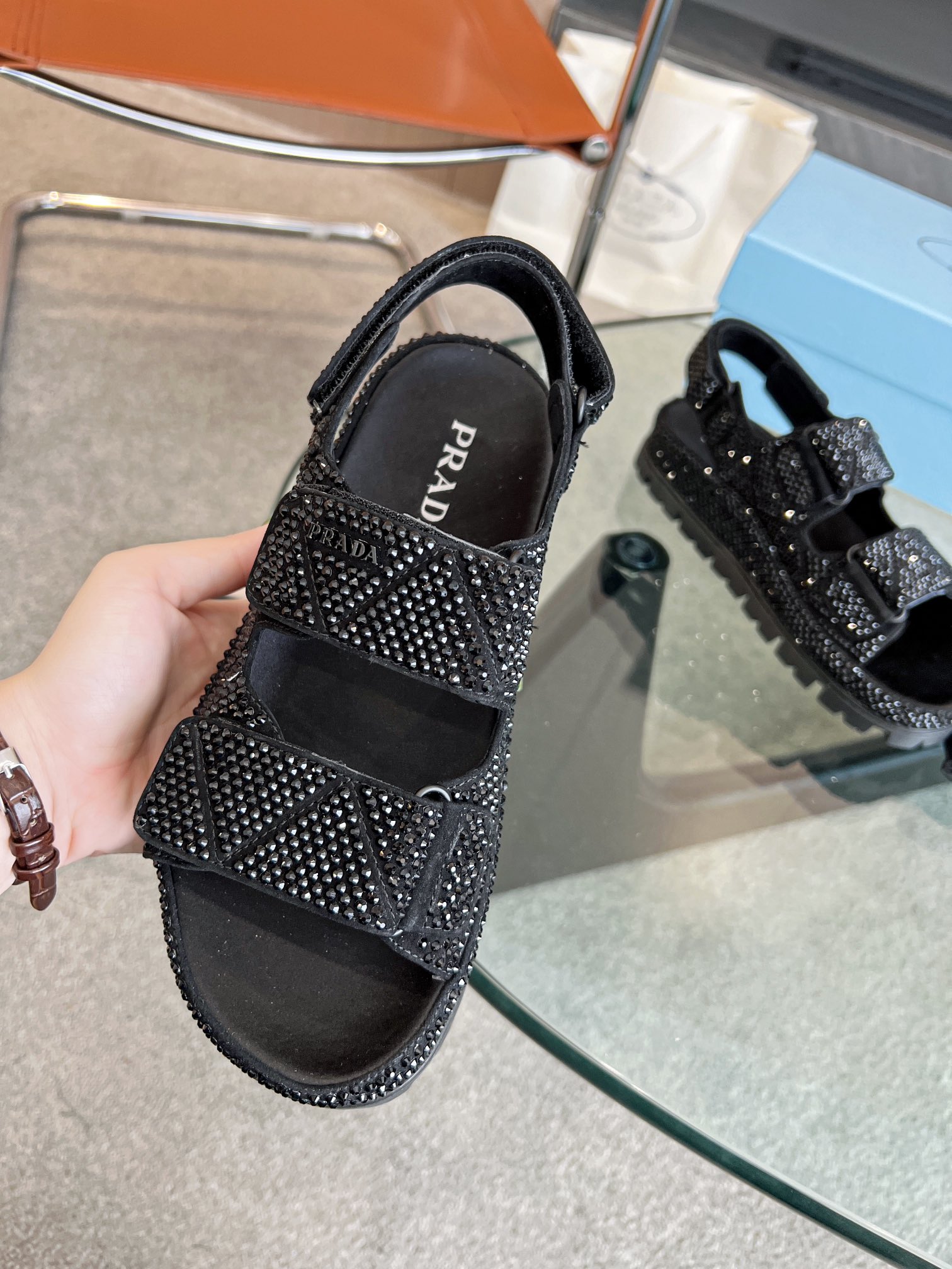 Pra*a Satin Sandals With Crystals Black For Women 0.8 in/ 2cm 1X013N_2AWL_F0002_F_020