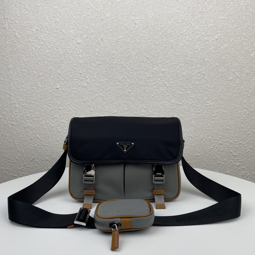 Pra*a Small Saffiano Shoulder Bag Grey and Black For Women 10.2 in / 26 cm