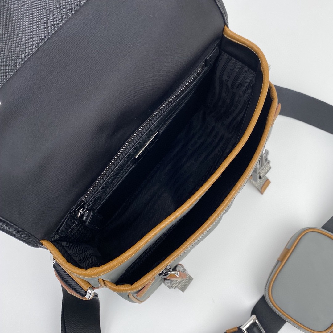 Pra*a Small Saffiano Shoulder Bag Grey and Black For Women 10.2 in / 26 cm