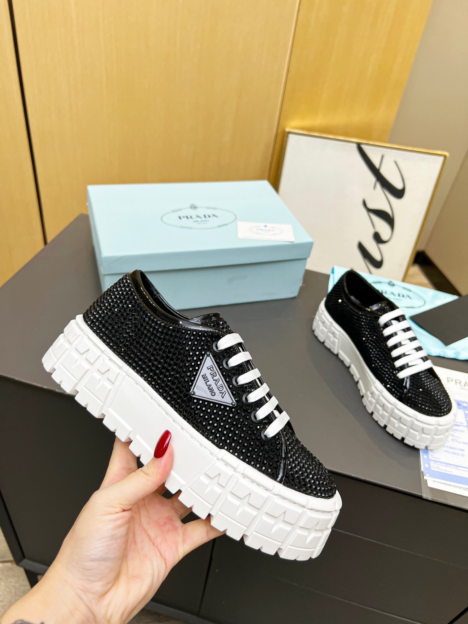 Pra*a Sneakers With Crystals Black For Women 1.9 in/ 5 cm