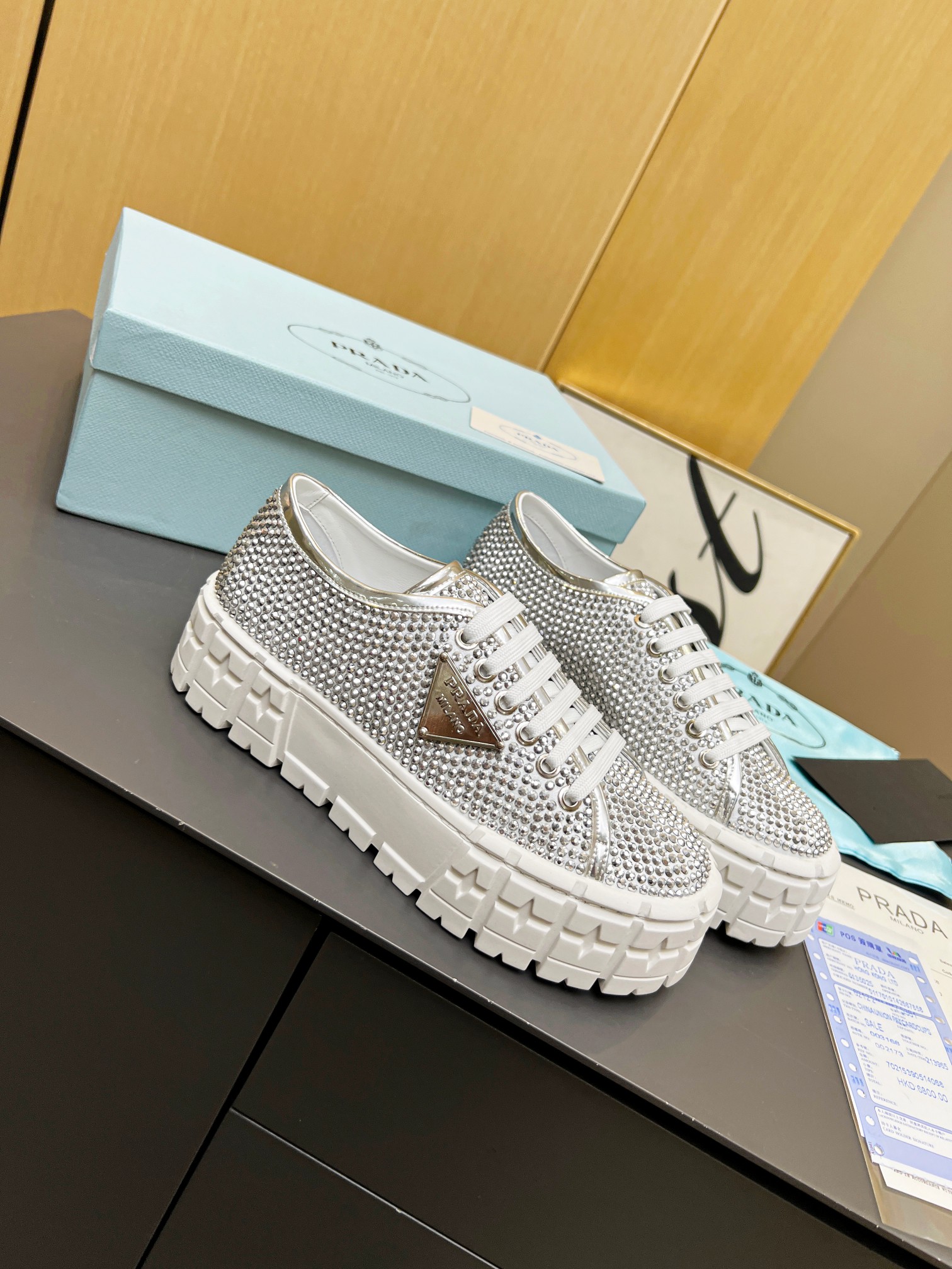 Pra*a Sneakers With Crystals White For Women 1.9 in/ 5 cm