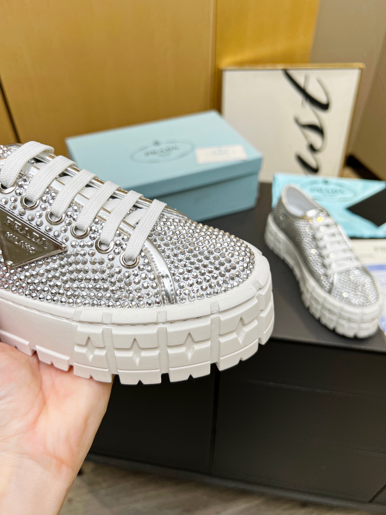 Pra*a Sneakers With Crystals White For Women 1.9 in/ 5 cm