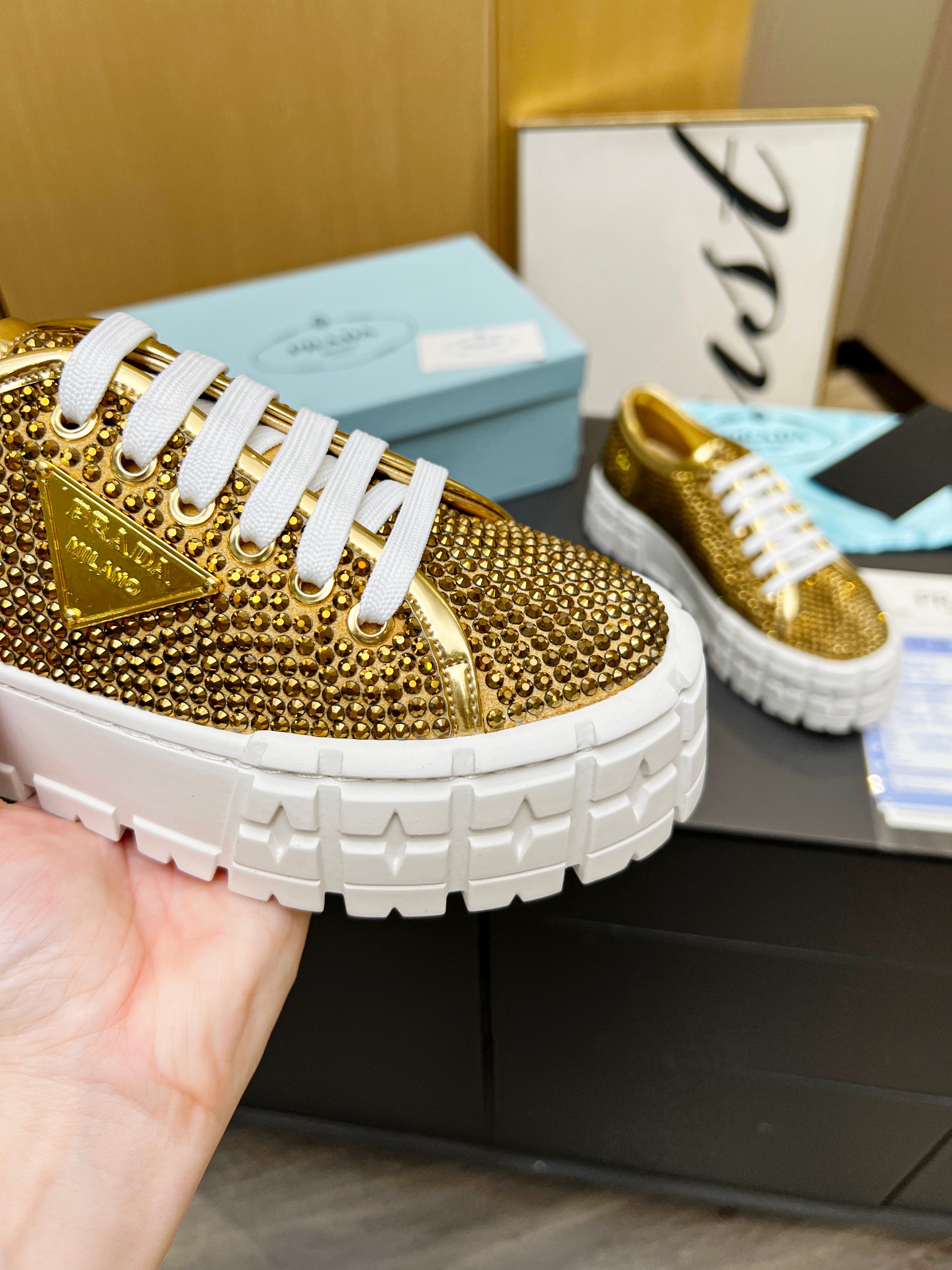 Pra*a Sneakers With Crystals Gold Tone For Women 1.9 in/ 5 cm 1E019N_2AWL_F0522_F_050