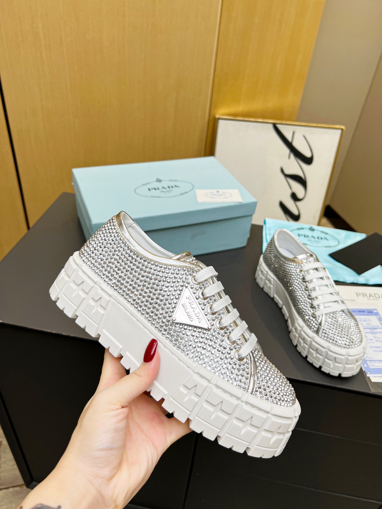 Pra*a Sneakers With Crystals White For Women 1.9 in/ 5 cm