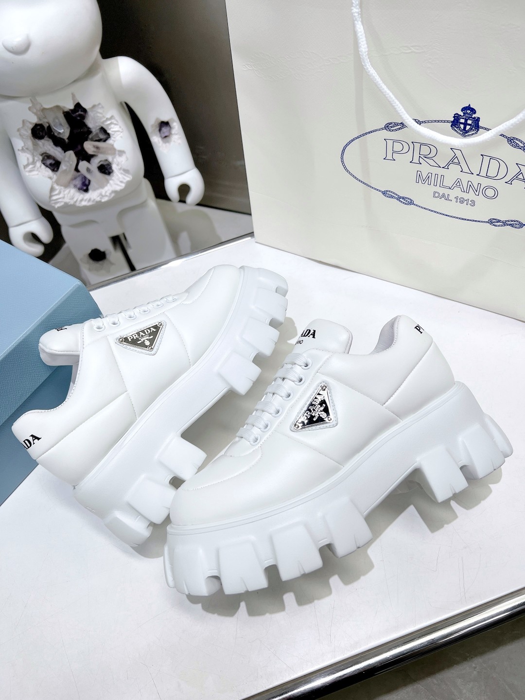 Pra*a Soft Padded Nappa Lace-Up Shoes White For Women 2.1 in/ 5.5 cm 1E119N_2DL8_F0009_F_055