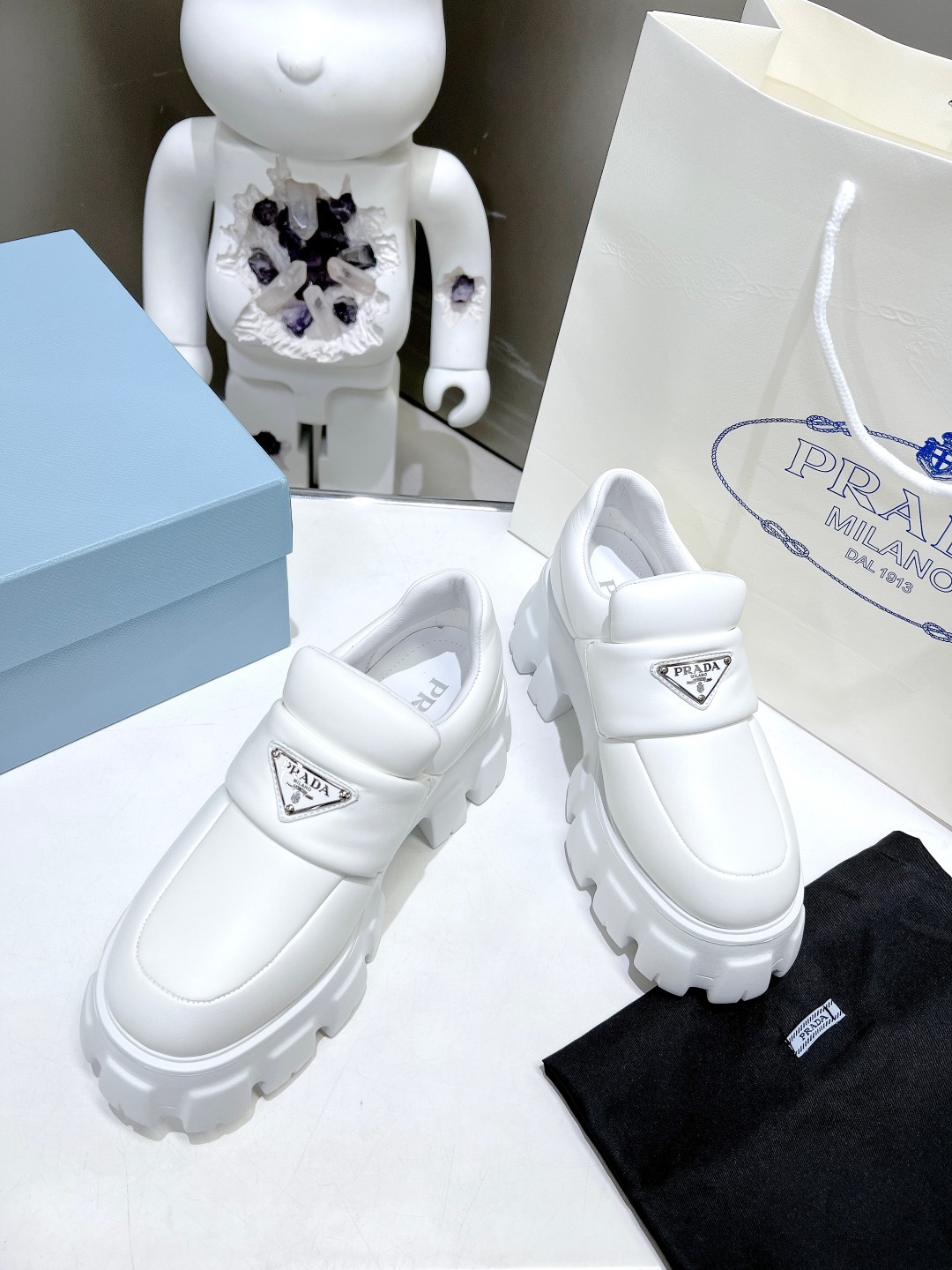 Pra*a Soft Padded Nappa Loafers White For Women 2.1 in/ 5.5 cm
