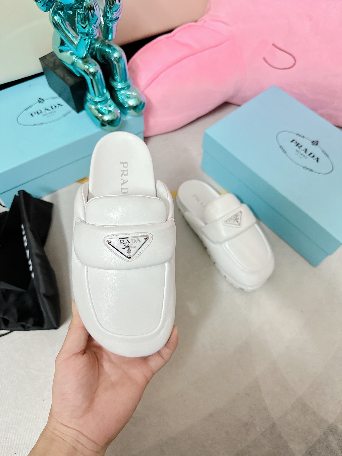 Pra*a Soft Padded Nappa Sabots White For Women 0.8 in/ 2cm