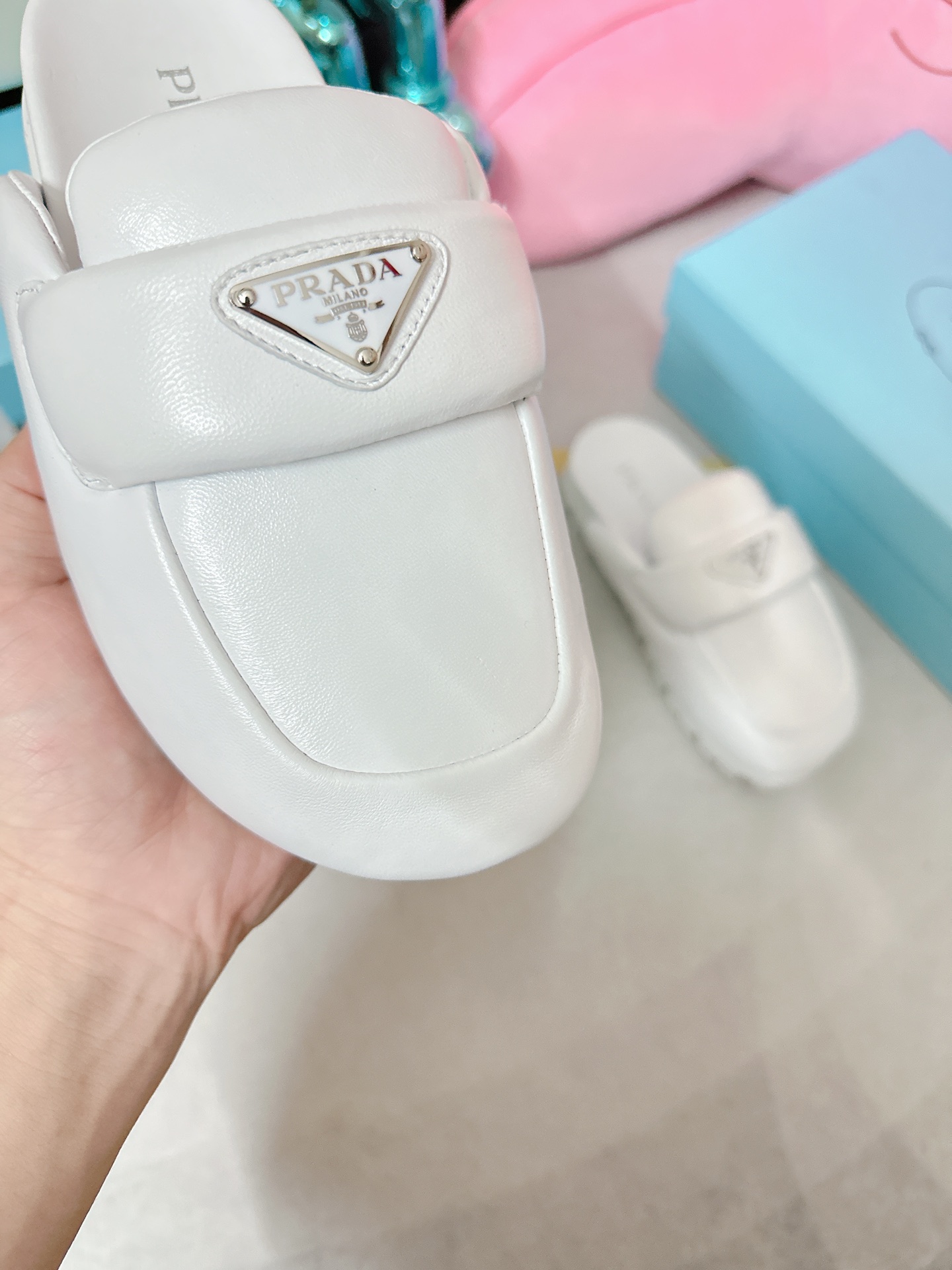 Pra*a Soft Padded Nappa Sabots White For Women 0.8 in/ 2cm