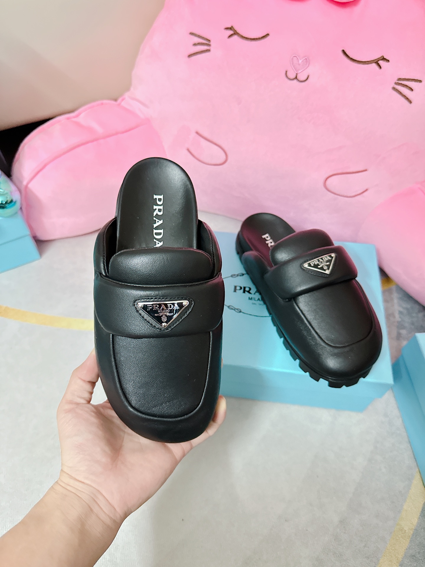 Pra*a Soft Padded Nappa Sabots Black For Women 0.8 in/ 2cm 1S084N_2DL8_F0002_F_020