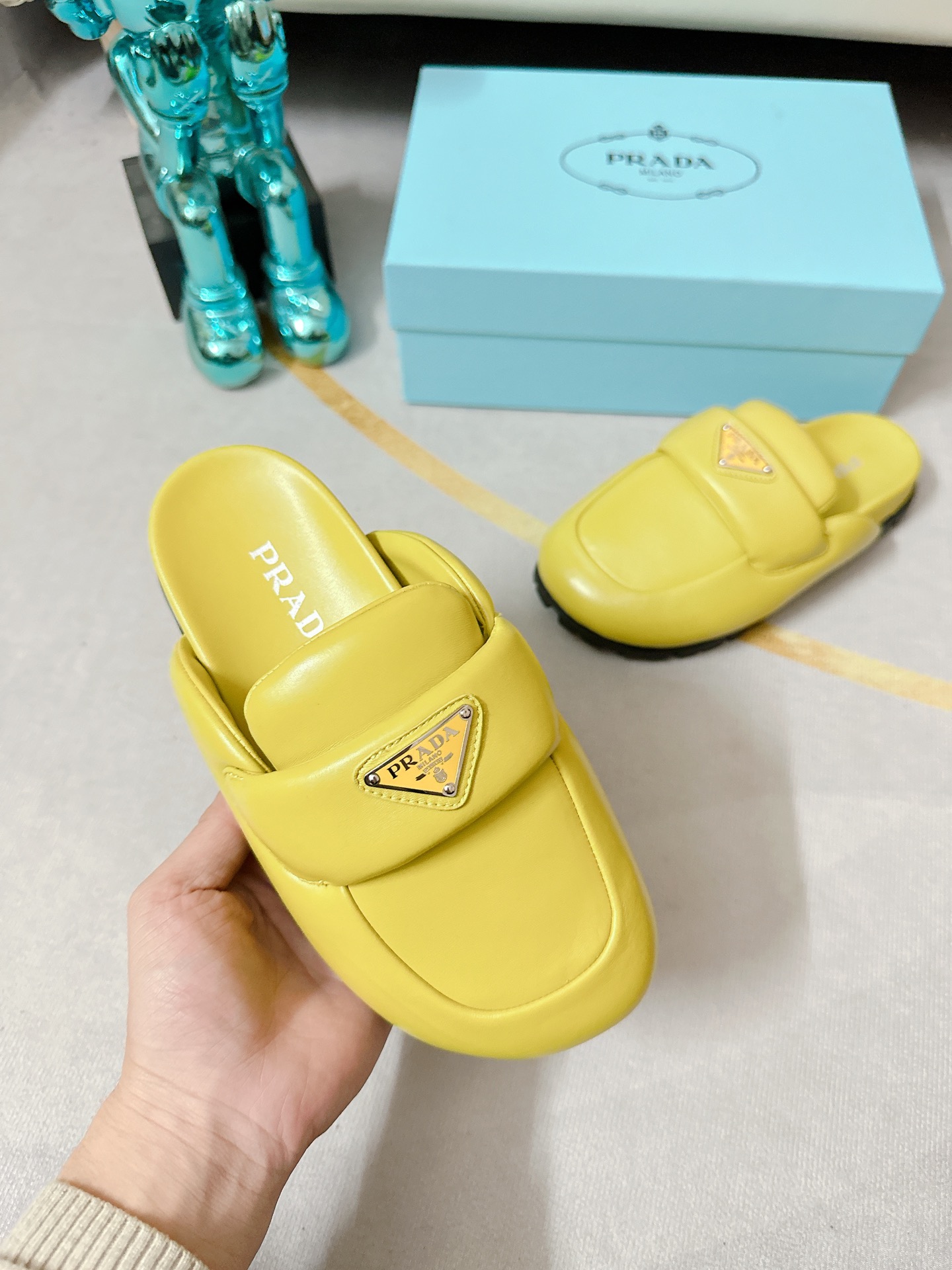 Pra*a Soft Padded Nappa Sabots Yellow For Women 0.8 in/ 2cm