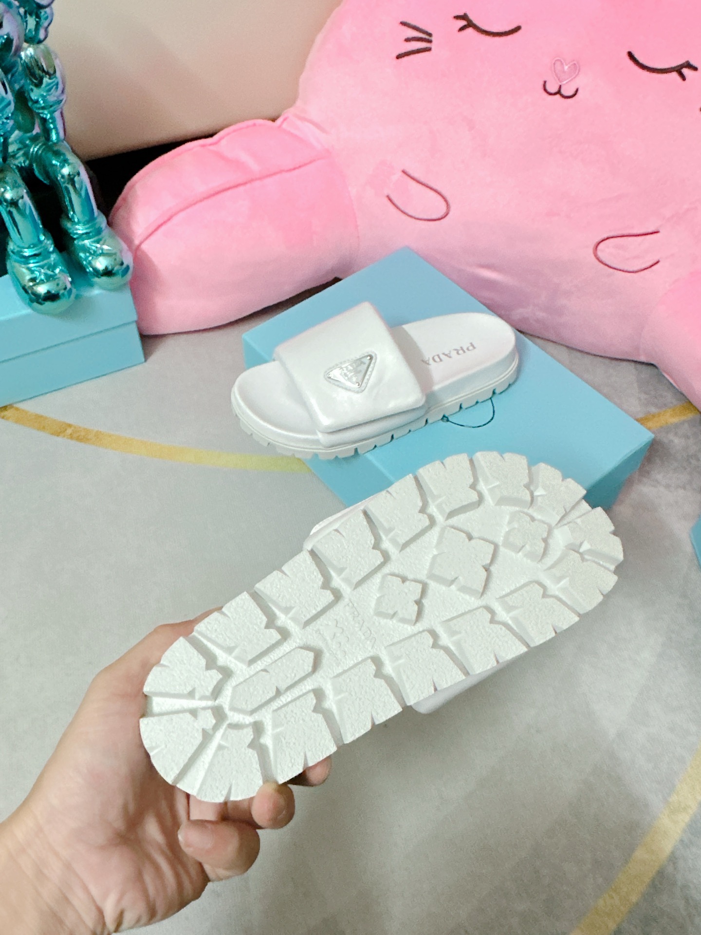 Pra*a Soft Padded Nappa Slides White For Women 0.8 in/ 2cm 1XX648_2DL8_F0009_F_020