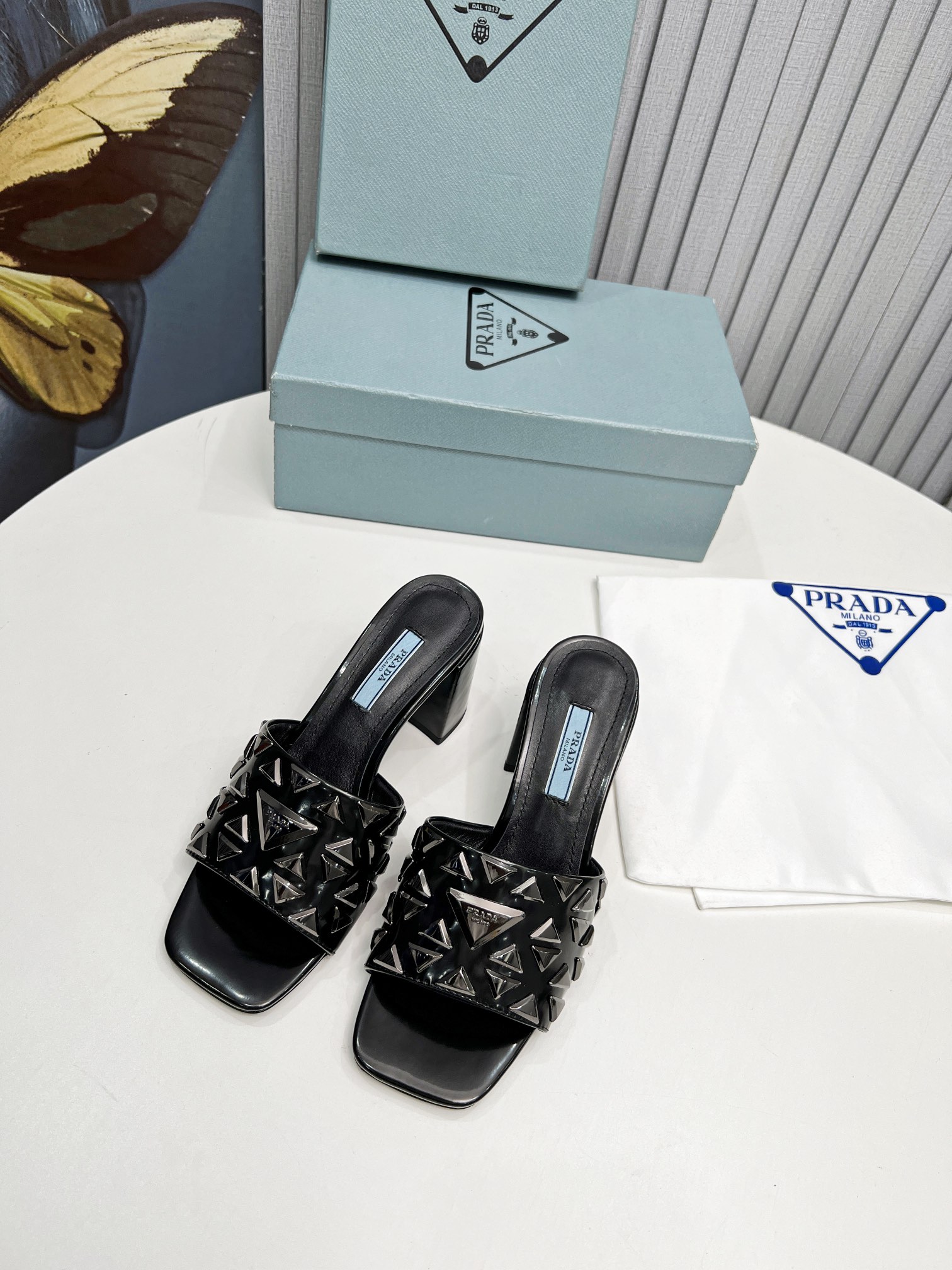 Pra*a Studded Metallic Mules Black For Women 2.6 in/ 6.5cm