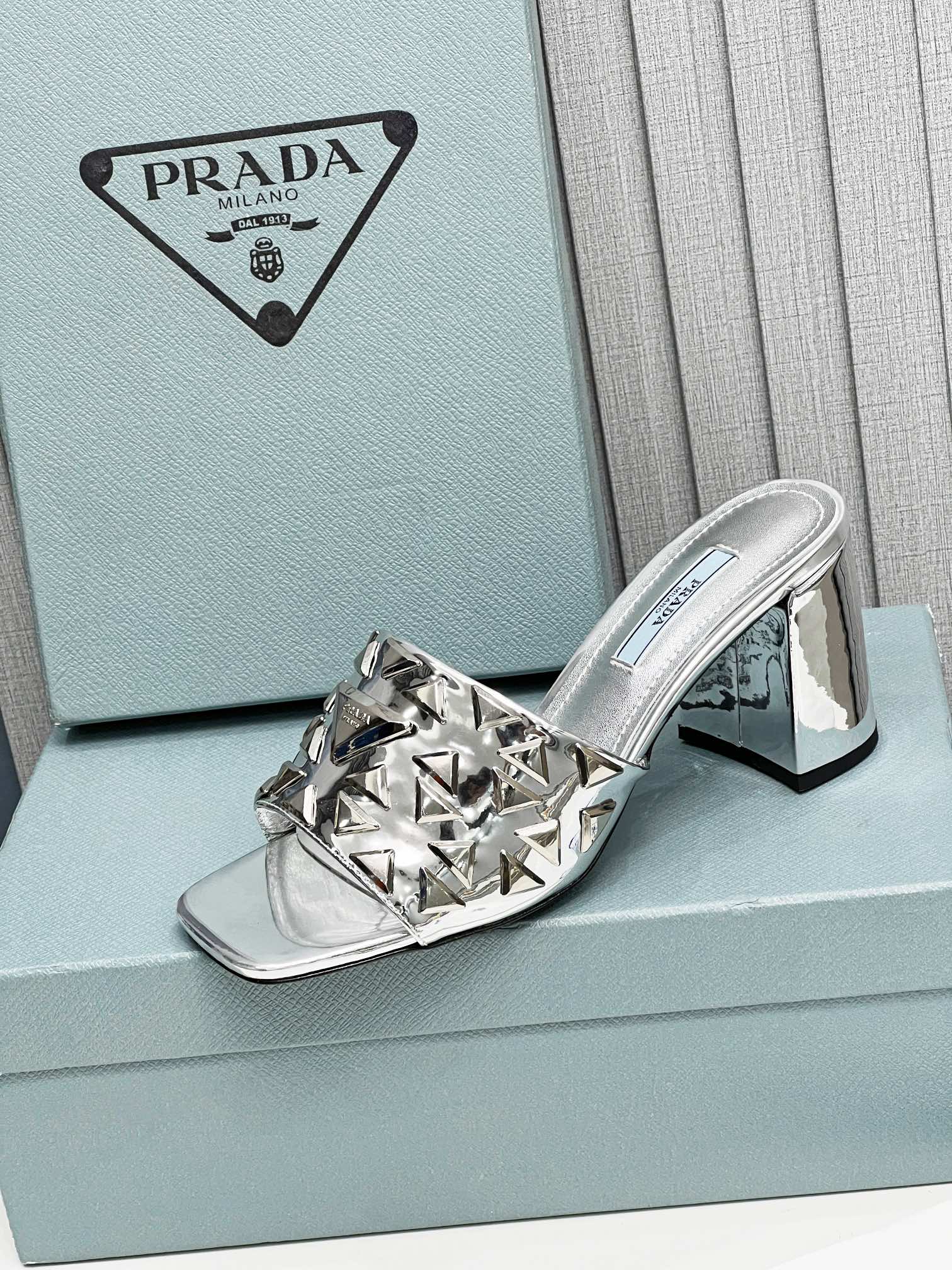 Pra*a Studded Metallic Mules Sliver Tone For Women 2.6 in/ 6.5cm