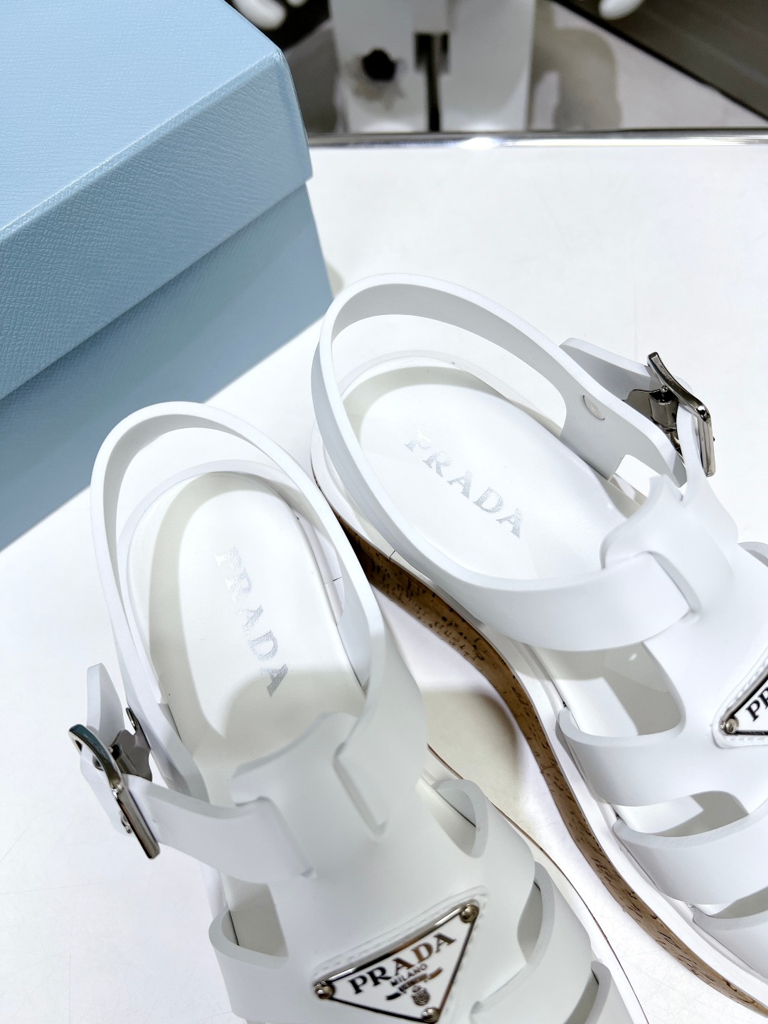 Pra*a Wedge Platform Sandals White For Women 2.9 in/ 7.5cm 1X853M_3LLP_F0009_F_B075