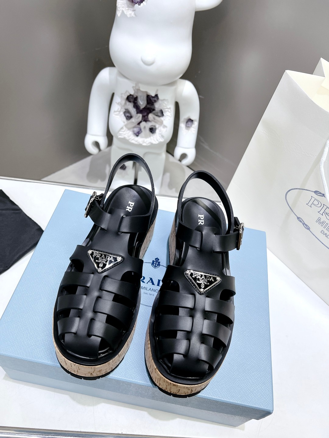 Pra*a Wedge Platform Sandals Black For Women 2.9 in/ 7.5cm 1X853M_3LLP_F0002_F_B075
