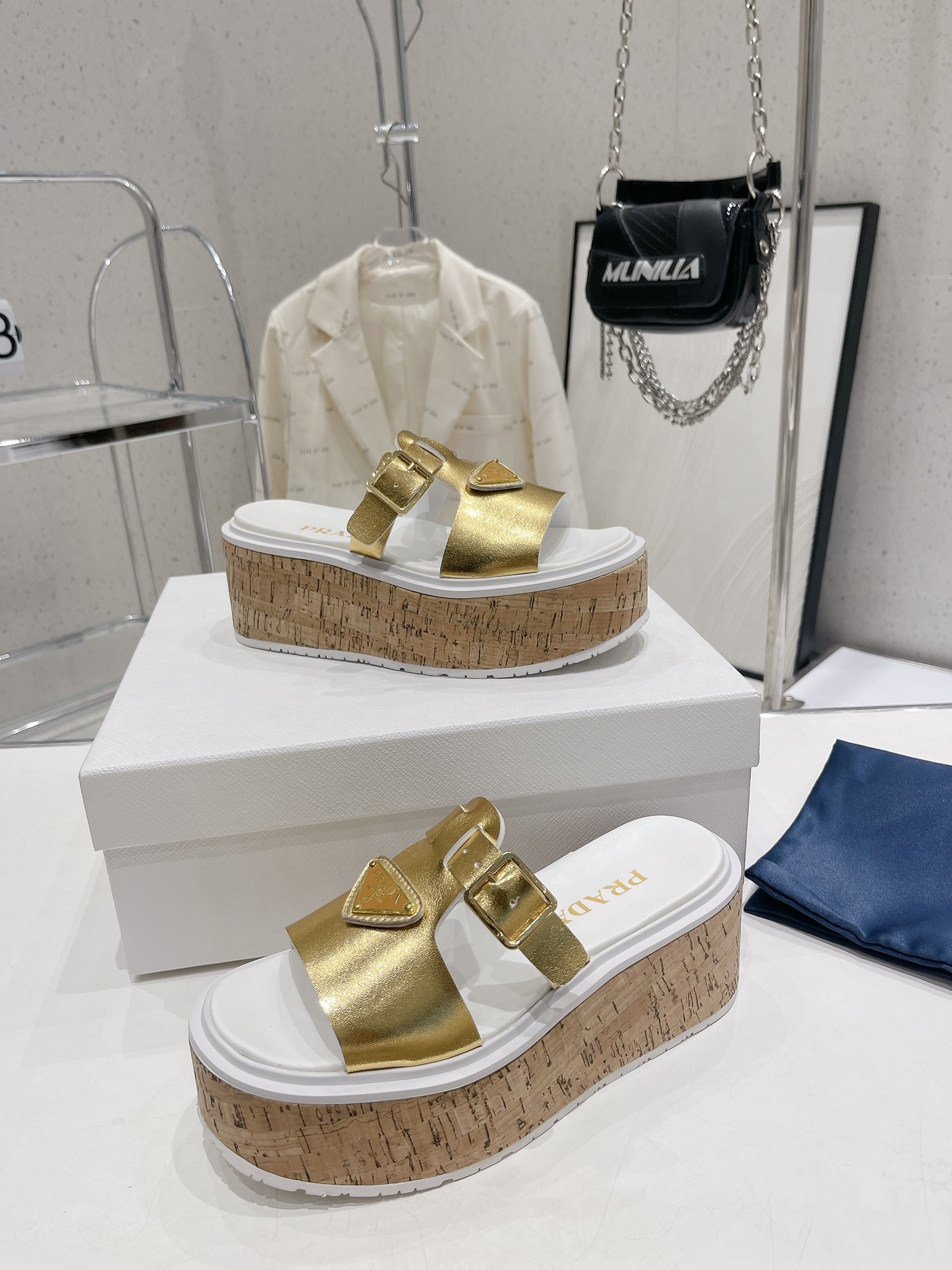 Pra*a Wedge Platform Sandals Gold Tone For Women 2.9 in/ 7.5 cm