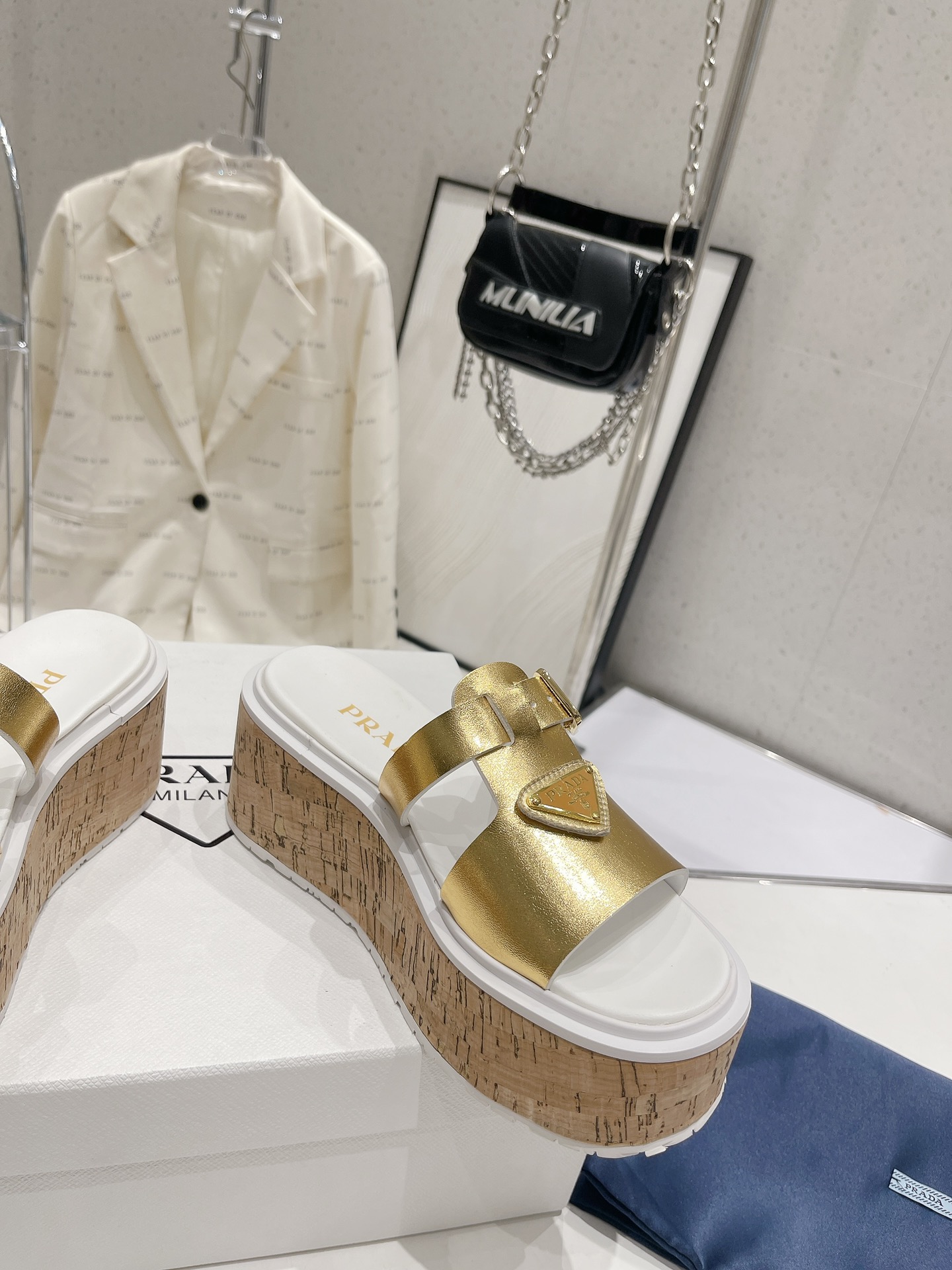 Pra*a Wedge Platform Sandals Gold Tone For Women 2.9 in/ 7.5 cm
