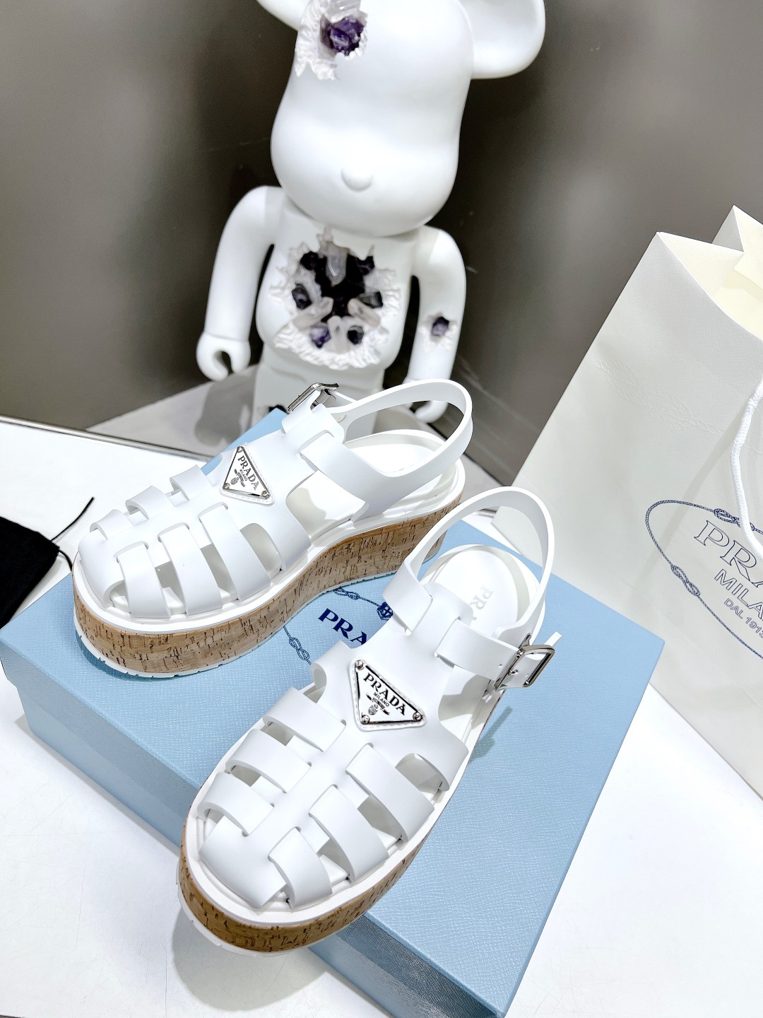 Pra*a Wedge Platform Sandals White For Women 2.9 in/ 7.5cm 1X853M_3LLP_F0009_F_B075