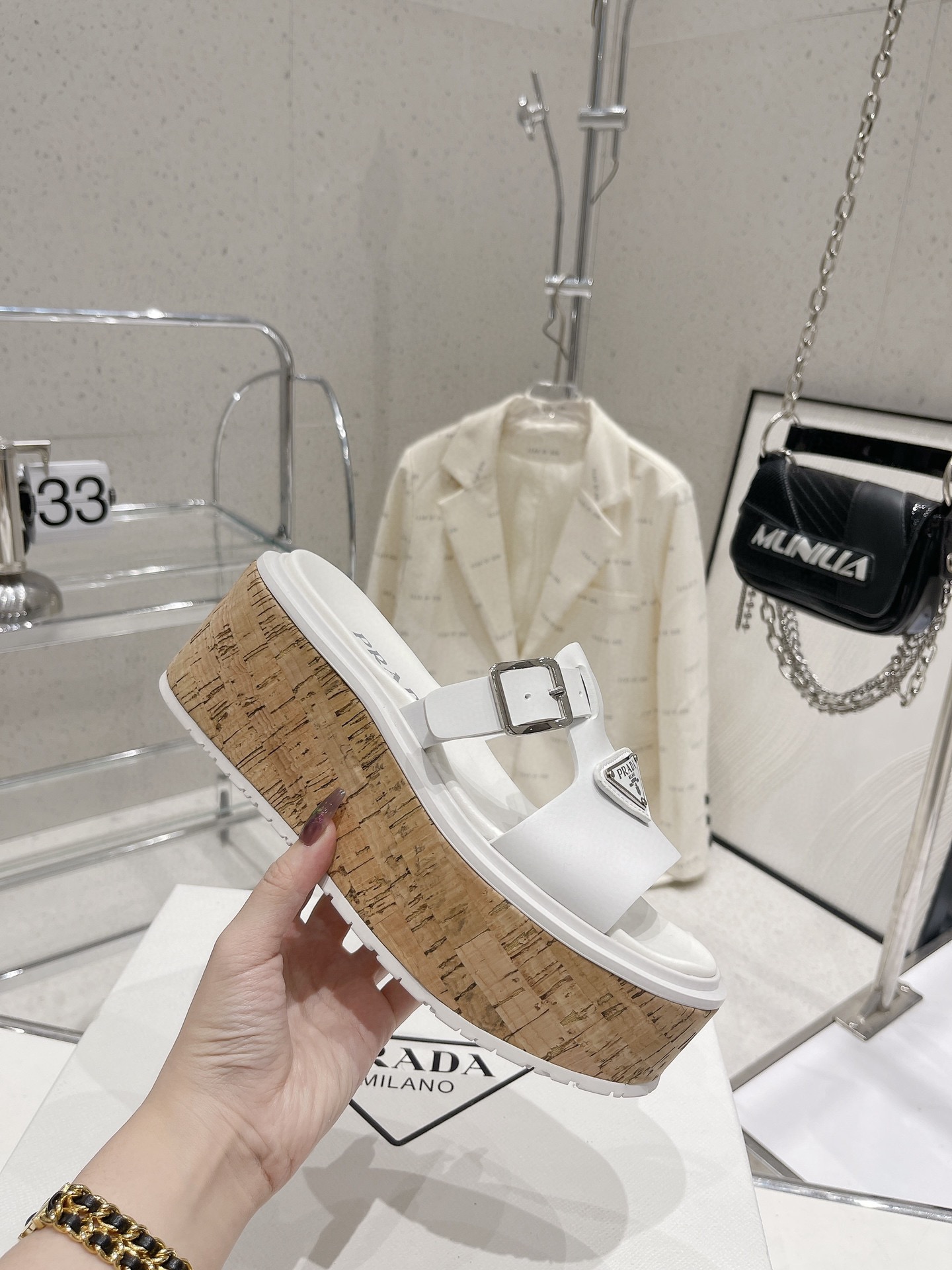 Pra*a Wedge Platform Sandals White For Women 2.9 in/ 7.5 cm 1XX641_3LLP_F0009_F_075