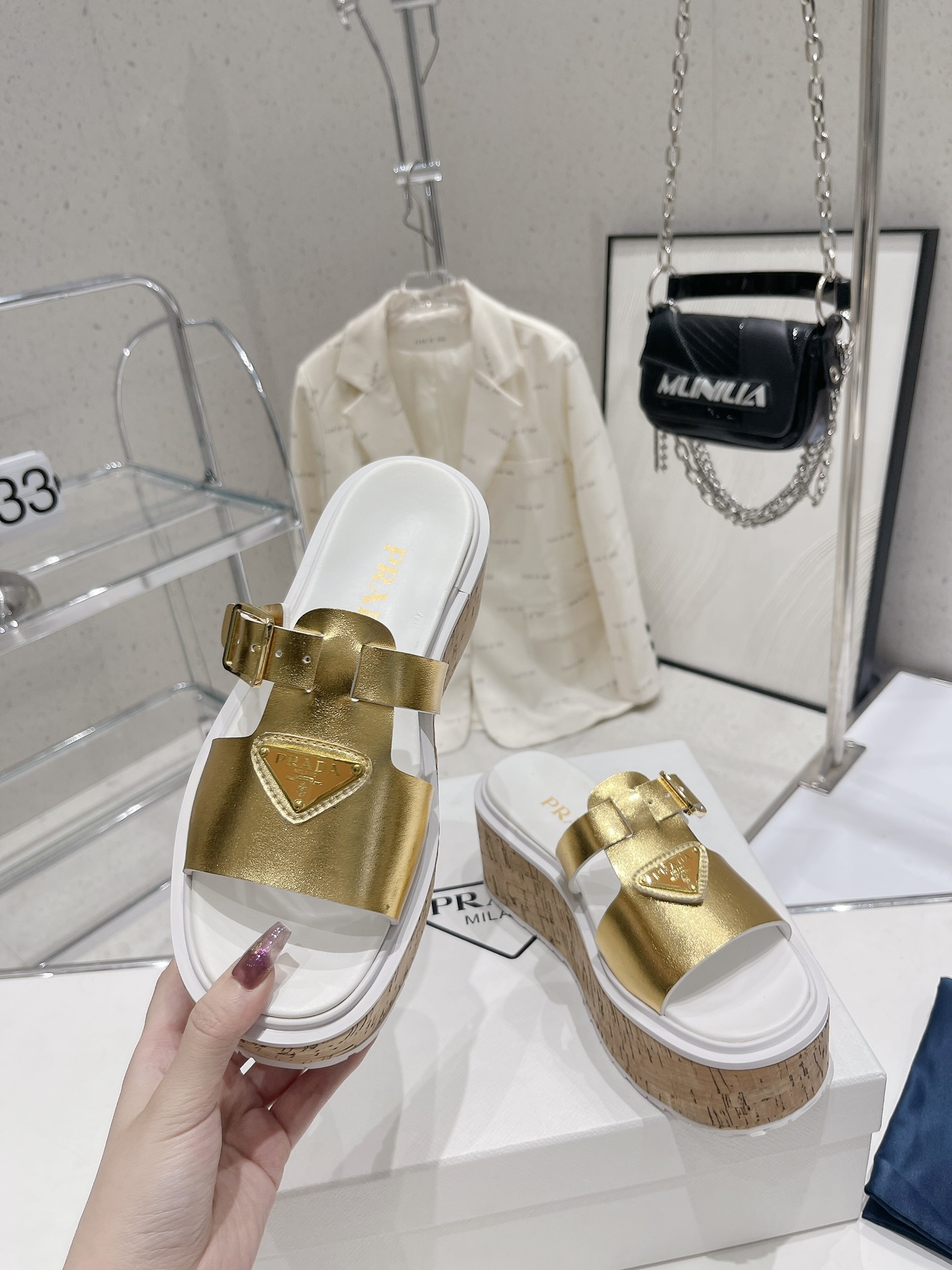 Pra*a Wedge Platform Sandals Gold Tone For Women 2.9 in/ 7.5 cm