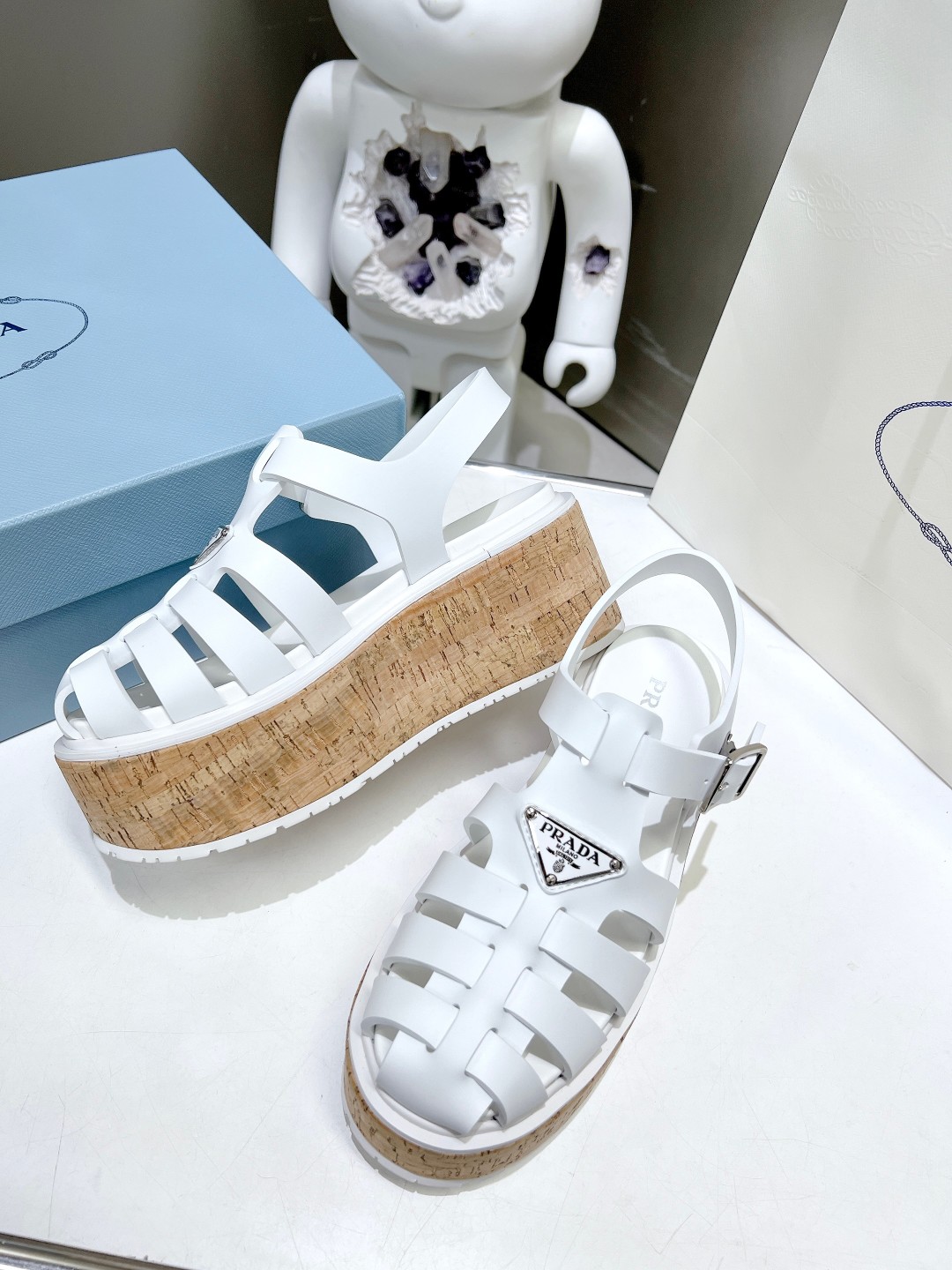 Pra*a Wedge Platform Sandals White For Women 2.9 in/ 7.5cm 1X853M_3LLP_F0009_F_B075
