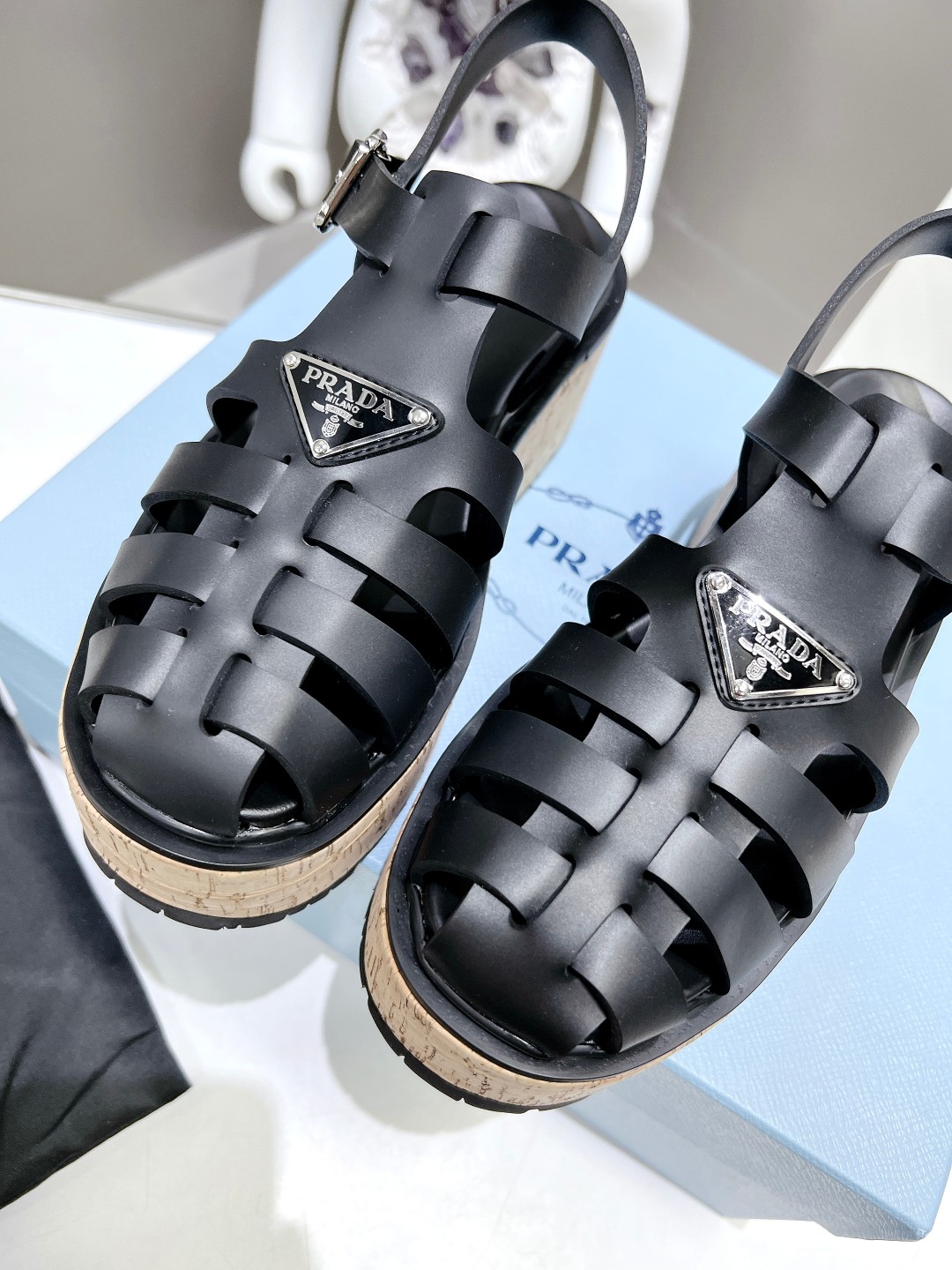 Pra*a Wedge Platform Sandals Black For Women 2.9 in/ 7.5cm 1X853M_3LLP_F0002_F_B075