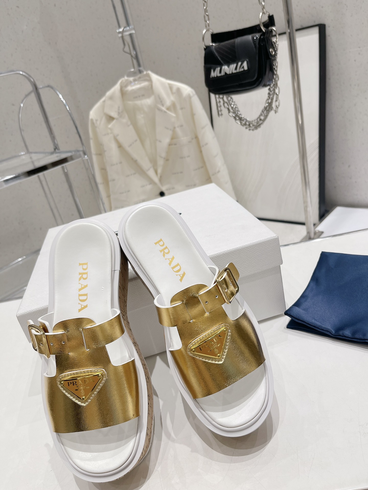 Pra*a Wedge Platform Sandals Gold Tone For Women 2.9 in/ 7.5 cm