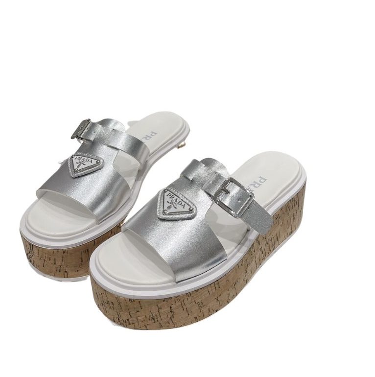 Pra*a Wedge Platform Sandals Sliver Tone For Women 2.9 in/ 7.5 cm