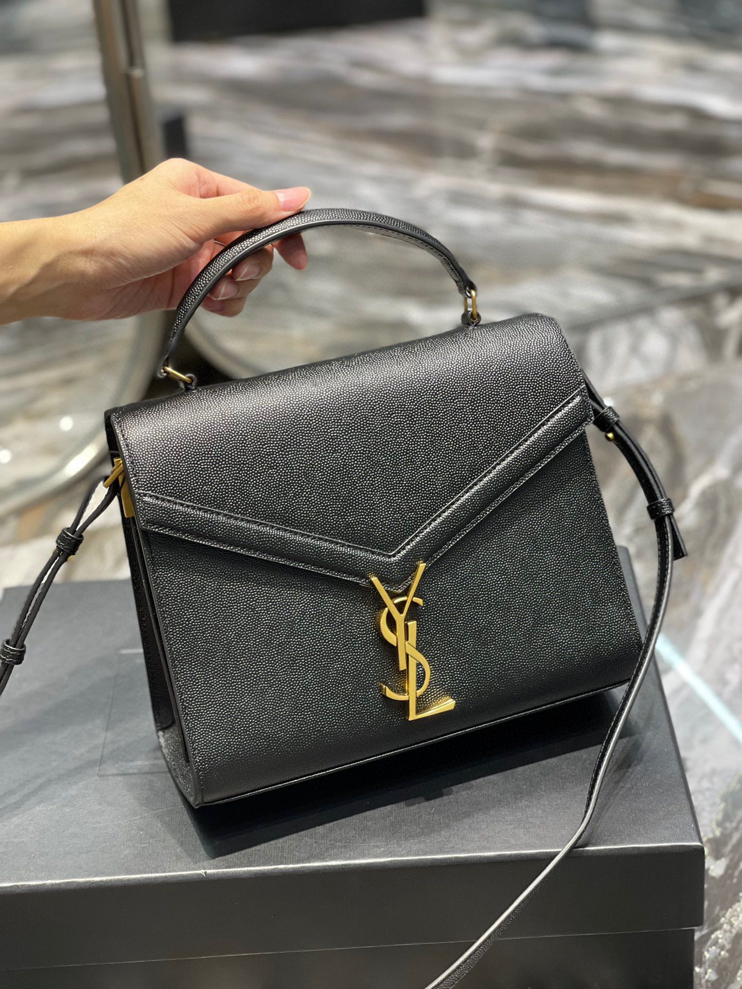 Sa1nt Lau*nt Cassandra Medium Top Handle Bag Black/Brown For Women‎ 9.6in/24.5cm 623931BOW0W1000