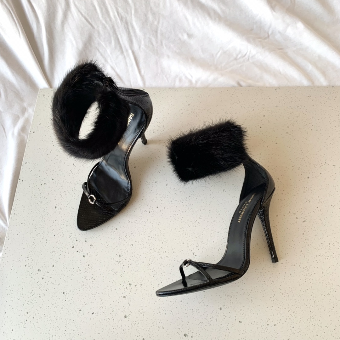 Sa1nt Lau*nt 110mm Faux Fur Ankle-Cuff Sandals Black For Women