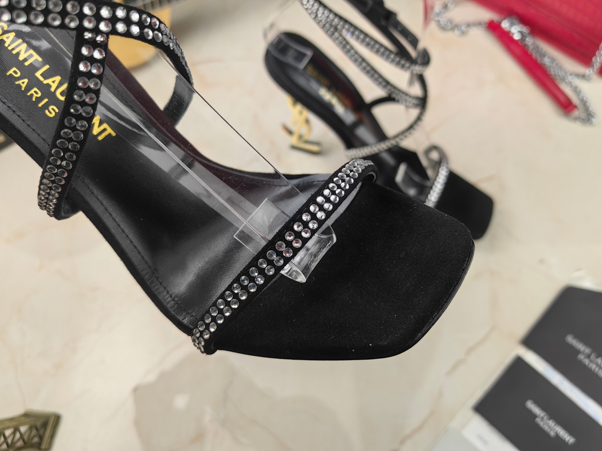 Sa1nt Lau*nt Opyum Sandals In Crepe Satin And Rhinestones Black For Women