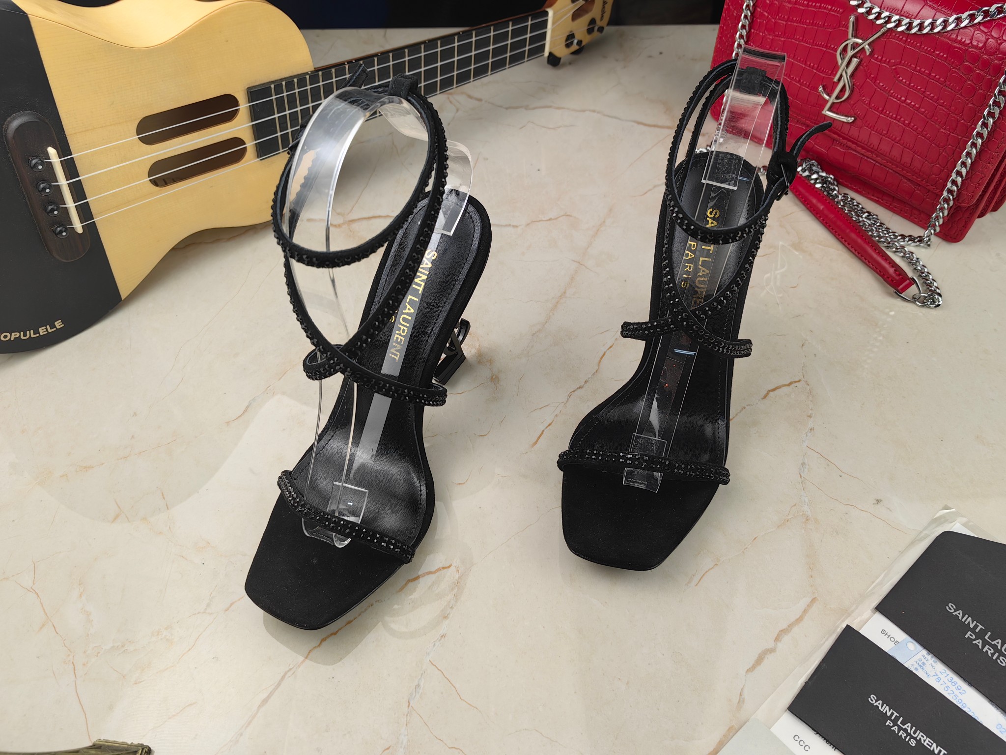 Sa1nt Lau*nt Opyum Sandals In Crepe Satin And Rhinestones Black For Women 7323391UUAV1012