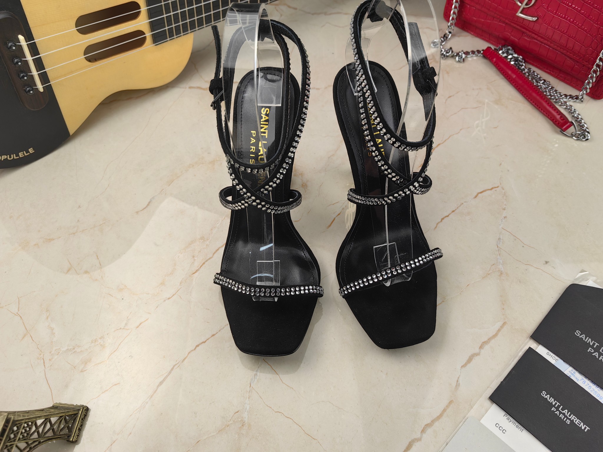 Sa1nt Lau*nt Opyum Sandals In Crepe Satin And Rhinestones Black For Women