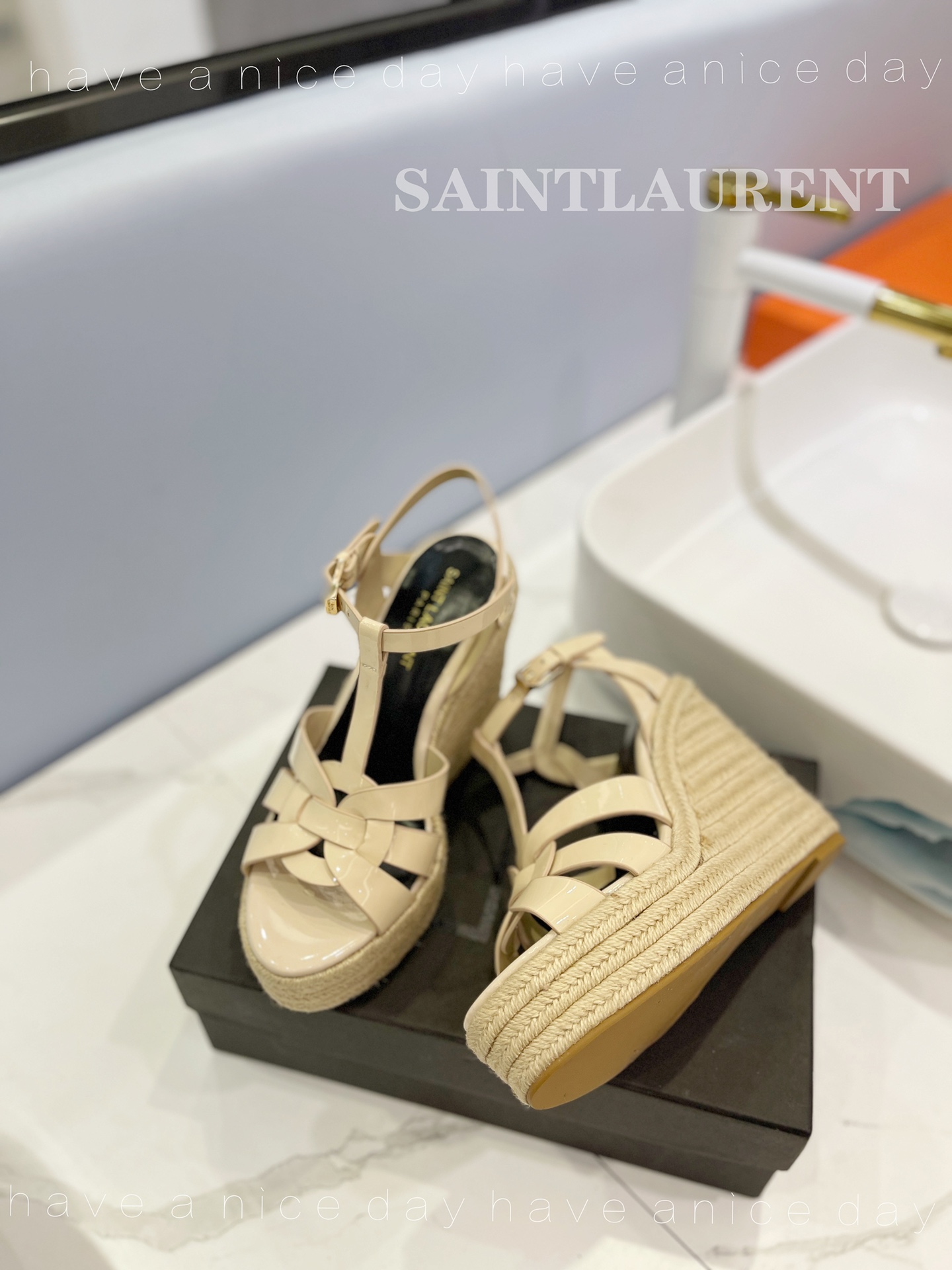 Sa1nt Lau*nt Tribute Espadrilles In Patent Beige For Women