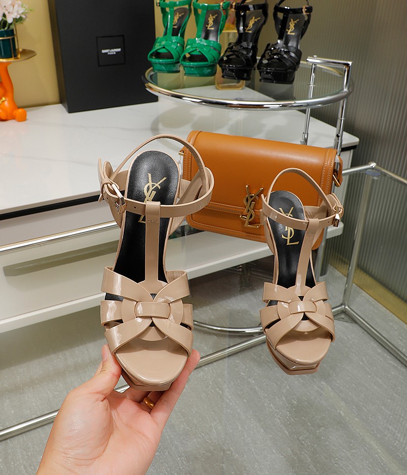 Sa1nt Lau*nt Tribute Platform Sandals In Patent Beige For Women